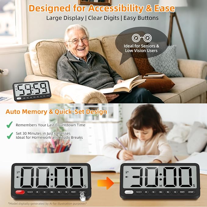 VOCOO Digital Kitchen Timer: 7.6'' Extra Large LCD Display, 99H Countdown, Magnetic, 4 Volume Levels, Visual Light Alert, Battery Operated Count-Up Stopwatch for Cooking, Home Gym, Classroom (Black)