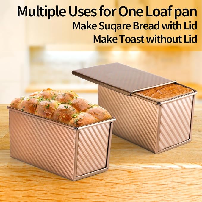 Non-Stick Pullman Pan with Lid, Loaf Pan with Lid, Carbon Steel Corrugated Bread Toast Box Mold with Cover for Baking Bread Sandwich,1 lb Dough with 3 PCS Dough Scraper Cutter