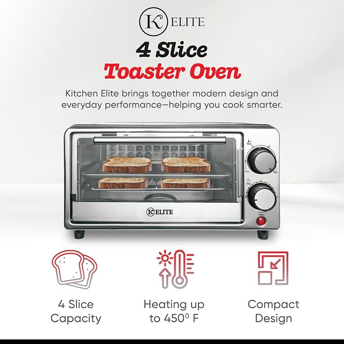 Kitchen Elite Toaster Oven, Compact Countertop Appliance with Bake Tray, Wire Rack, Adjustable Timer, and Temperature Control, Black