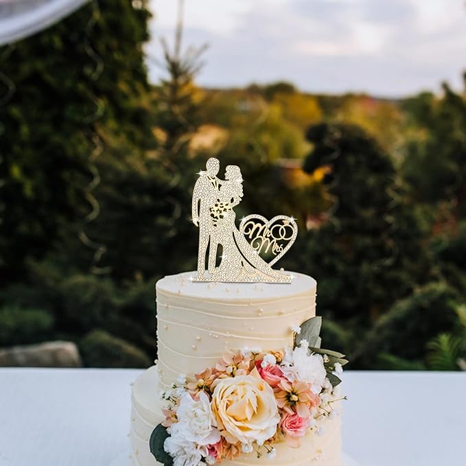 Jaciya Wedding Cake Topper Gold Bride and Groom Cake Topper Rhinestone Heart Shape Metal Mr and Mrs Cake Toppers Reusable Bridal Shower Engagement Anniversary Cake Decorations