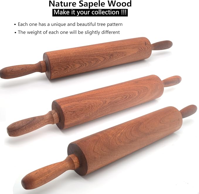 Classic Sapele Wooden Rolling Pin With Handles Large17.3"L x 2.3"W | Wood Baking Roller for Pizza, Pie, Bread, Pastry & Cookie Dough