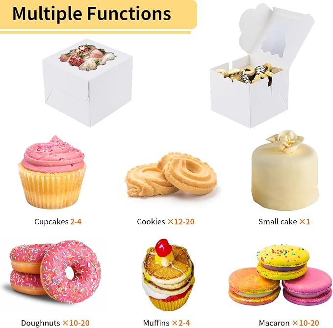 WINKIO 12 Pieces Cookie Boxes with Window, 6×6×5 Inches White Treat Boxes for Bakery Dessert Pastry Mini Cake Favor Donut Baked Goods (with Stickers)