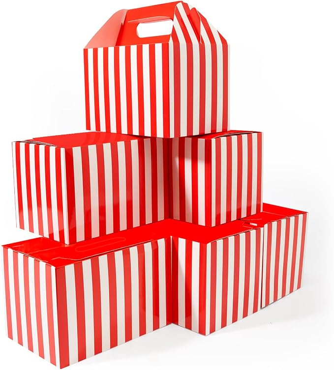 Happyhiram 40-Pack Large Gable Boxes Red Striped- 9x6x6 Inch Sturdy Cardboard Containers for Christmas Gifts, Box Lunches, Cookies, and Birthday Wedding, Easy to Assemble with Handles