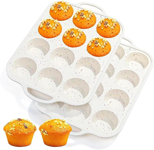Silicone Muffin Pans for Baking 2 Pack, 2.8 Inch with Metal Reinforced Frame, Regular Size Nonstick Silicone Cupcake Pan 12 Cups for Baking Homemade Muffins, Cupcakes