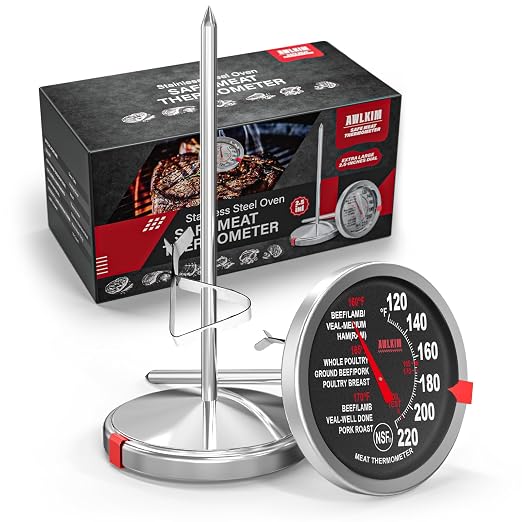 AWLKIM 2 Pack Analog Meat Thermometer Oven Safe Dial No Battery | Bimetallic Stem Dial, Leave-In Oven Safe, 2.5in Large Face, No Batteries for Roast Turkey Grill BBQ Cooking