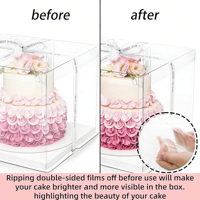 Cididu 6 Pcs Clear Cake Box with Ribbon 2-Layer 10x10x10 Inch, Transparent Cake Carrier Box with Lids, PET Tall Cake Packaging Boxes, Clear Gift Boxes for Mother's Day Birthday Wedding Festival Party