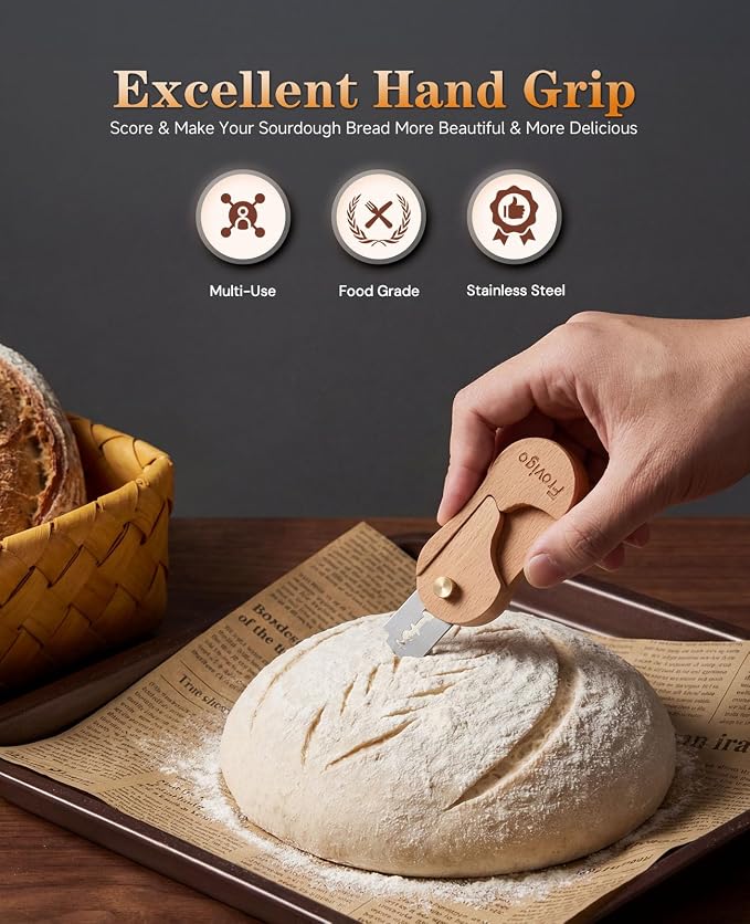 Bread Lame Dough Scoring Tool with Extractable & Magnetic, Wooden Sourdough Scoring Tool with 5 Retractable Razor Blades, Professional & Multi-Purpose Bread Knife Slashing Supplies for Baking