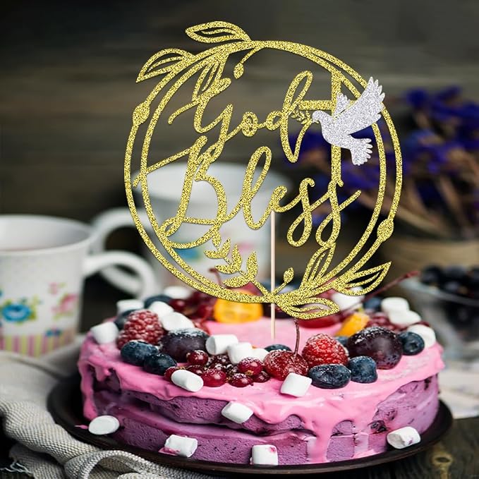 Gold Glitter god Bless Baptism Cake Topper - Keepsake Cross Design,for Christening & Holy Communion,Baby Shower 1st Birthday Party Divine Celebration Elegant Cake Decor