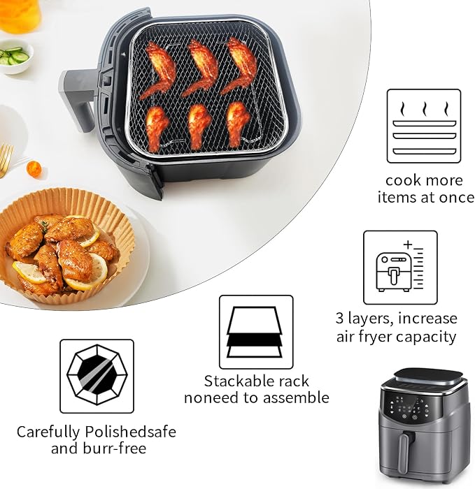 3 Tiers Stackable Air Fryer Racks, 8"x8"x1.7" Stainless Steel Square Dehydrator Trays Air Fryer Accessories with Non-slip Feet for Ninja Cosori Chefman Instant Airfryer