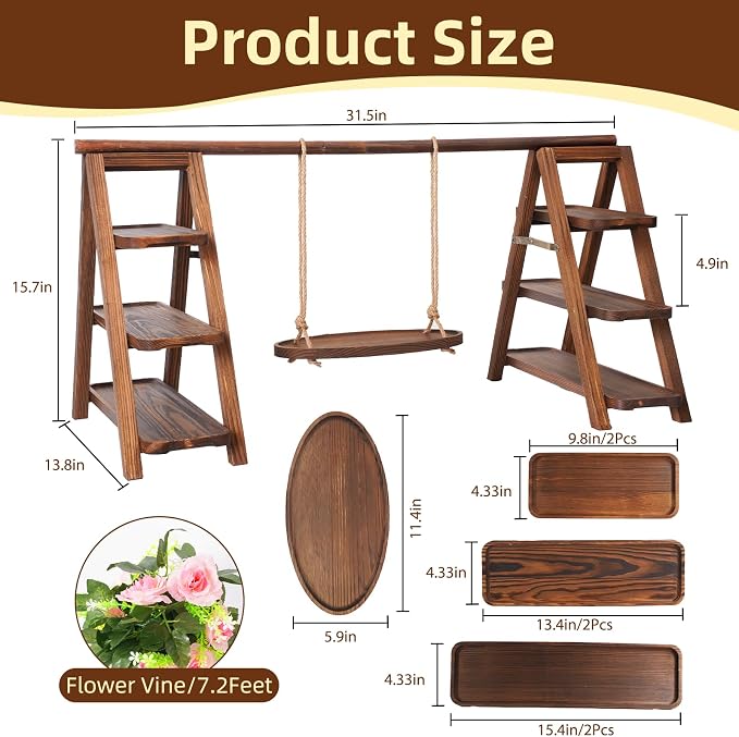 Wooden Cupcake Stand, 3 Tier Dessert Display Serving Tray with Swing and Flower Decoration, Foldable Tiered Ladders Stand for Party, Birthday, Wedding, Baby Shower, Table Food Display for Fruit Bread