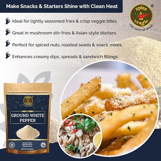 Spice Magic Ground White Pepper 4 oz | Gentle, Mild Heat and Subtle Flavor Perfect For Light Sauces, Soups, Chicken, and Seafood.