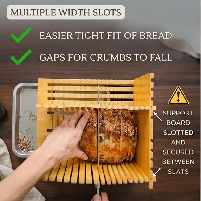 Bamboo Bread Slicer Guide - 7.5" Width Adjustable Sourdough Cutting Board | Premium Bamboo Board with 3 Slicing Thickness | Adjustable Width Slots | Custom Brush & Steel Tray | Knife not included