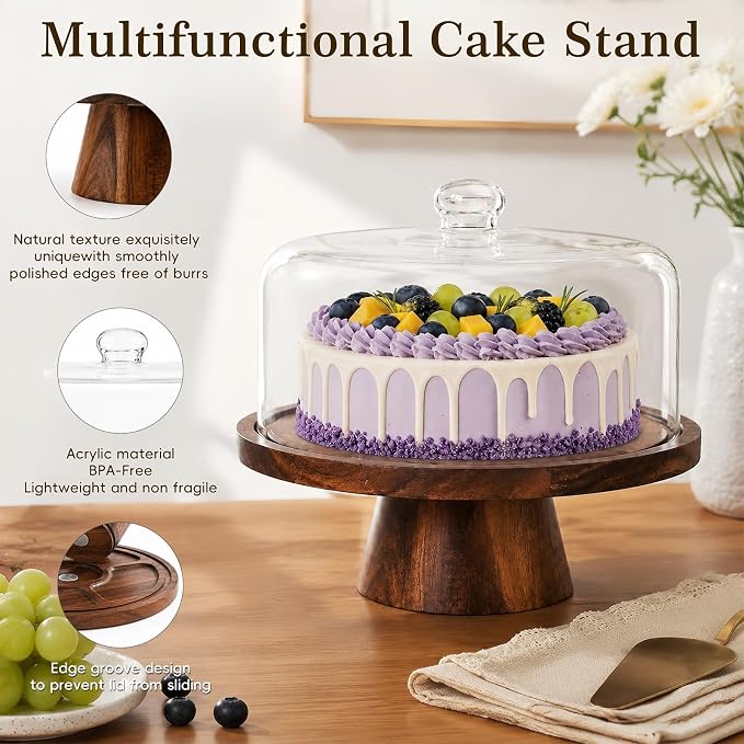Acacia Wood Cake Stand with Lid - 12 Inch Magnetic Detachable Cake Stand with Dome, Shatterproof Acrylic Cover, Versatile Cake Holder & Charcuterie Board for Parties, Dessert Table Display