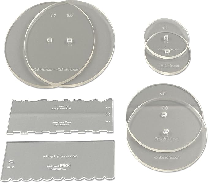 CAKESAFE Bare Necessities Cake Decorating Acrylic Disk Kit – 3 Sets -Round 4.00”, 6.00” and 8.00” Disk Sets (2 disks per size), 2-8" Icing Scrapers with 1 Scraper Edge and 3 Cake Comb Patterns