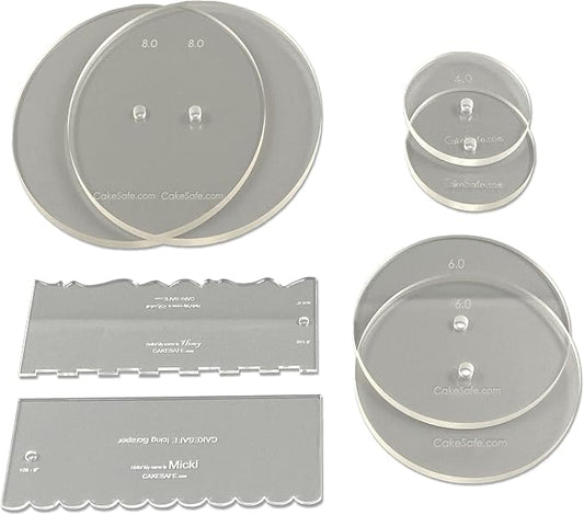 CAKESAFE Bare Necessities Cake Decorating Acrylic Disk Kit – 3 Sets -Round 4.00”, 6.00” and 8.00” Disk Sets (2 disks per size), 2-8" Icing Scrapers with 1 Scraper Edge and 3 Cake Comb Patterns