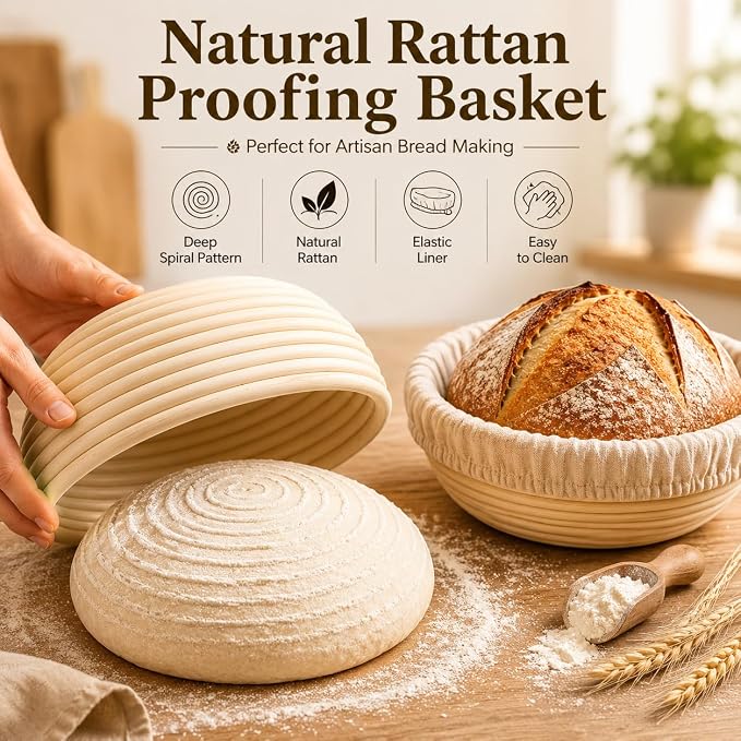 Sourdough Starter Kit - Banneton Proofing Basket 9 Inch Round & 10 Oval, Complete Sourdough Bread Baking Supplies with Starter Jar, Bread Sling, Lame, Danish Dough Whisk, Bags