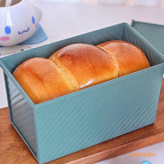 CHEFMADE Pullman Loaf Pan with Lid, 1Lb Non-Stick Bread Pan for Oven | Carbon steel bakeware toast mold with cover for even baking, easy release, and square sandwich slices (Green)