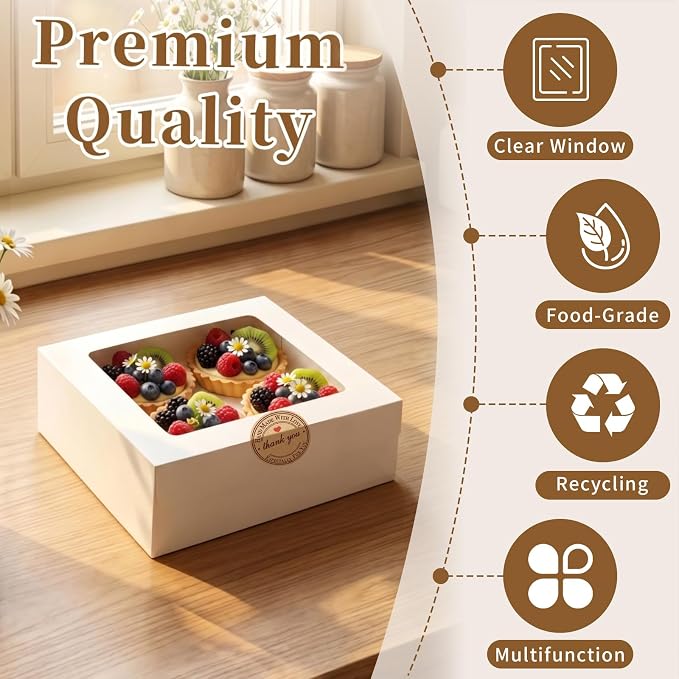 Homrelaxy 13 Pcs White Bakery Boxes with Window - 6x6x3 Inches Cardboard Cookies Boxes with Stickers for Macaroon, Pastries, Donuts, Cupcakes, Cookies and Chocolate Strawberries