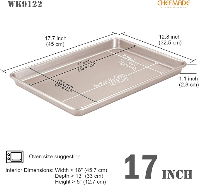 CHEFMADE 17-Inch Baking Sheet Pan, Non-Stick Carbon Steel Rimmed Cookie Sheet Pan for Oven Roasting Meat Bread Jelly Roll Battenberg Pizzas Pastries 12.8" x 17.7" x 1.1"(Champagne Gold)