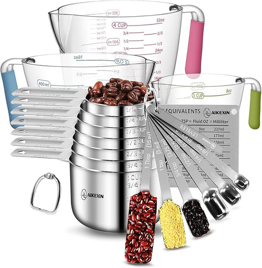 AIKEXIN 20 PCS Measuring Cups & Spoons Set, for Cooking & Baking Gadgets | 18/10 Stainless Steel, Metal Material | Nesting, Stackable Design | Dry & Liquid | Plastic | Leveler, Conversion Chart