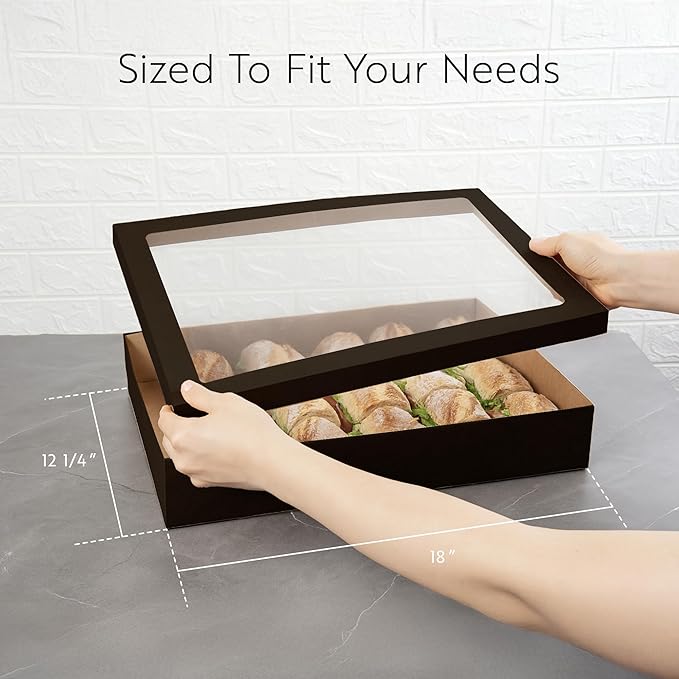 Restaurantware Cater Tek 17.9 x 12.3 x 3.2 Inch Baked Goods Boxes 100 Greaseproof Pastry Boxes - Window Lids Insert Tab Lock Black Paper Catering Boxes Easy Assembly For Charcuterie Or Cupcakes
