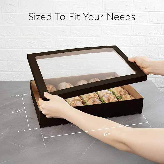 Restaurantware Cater Tek 17.9 x 12.3 x 3.2 Inch Baked Goods Boxes 10 Greaseproof Pastry Boxes - Window Lids Insert Tab Lock Black Paper Catering Boxes Easy Assembly For Charcuterie Or Cupcakes