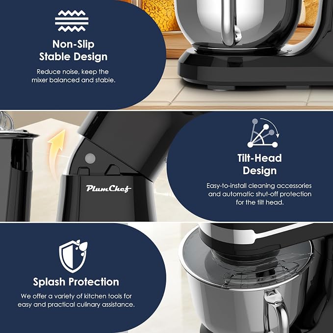 Plum chef 5.5QT Electric Stand Mixer, 12-Speed Tilt-Head Food Mixer, Dough Mixer with Dishwasher Safe Stainless Steel Bowls, Dough Hook, Flat Beater, Whisk, Perfect for 4-6 Family,Black