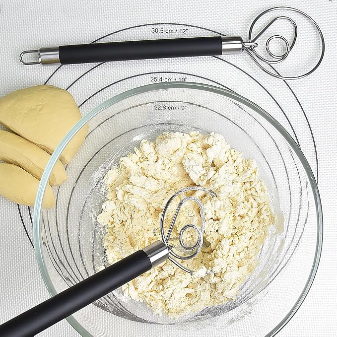 Stainless Steel Dough Whisk for Dutch Bread with Rubber Anti-slip Handle Manual Dough Mixer Pastry Blender Whisking Tools for Baking - 12 inch