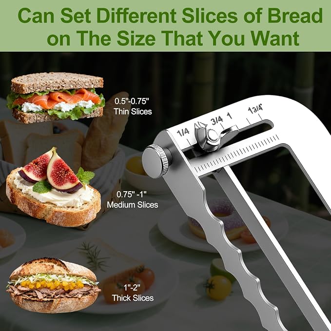 Adjustable Bread Slicer for Homemade Bread - Upgrade Manual Sourdough Bread Knife with Thickness Guide, Bread Bow Cutter with Serrated Stainless Blade for Baguettes, Gift for Baker, Ambidextrous Use