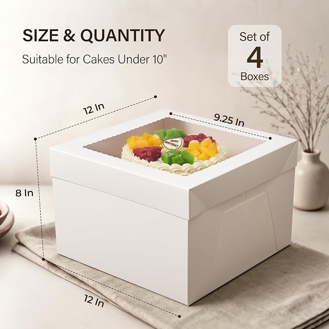 Kootek 4pcs Cake Boxes, 12x12x8 Inches Tall Cake Box with Window, White Bakery Boxes, Large Baking Boxes, Square Cardboard Cake Box for Multi-Layer Cakes, Cake Decorating Supplies for Gift Giving