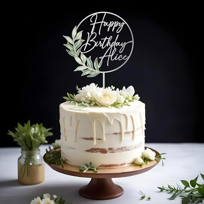 Happy Birthday Cake Topper Custom Name Personalized Birthday Cake Decoration with Green Leaves (Style 01)