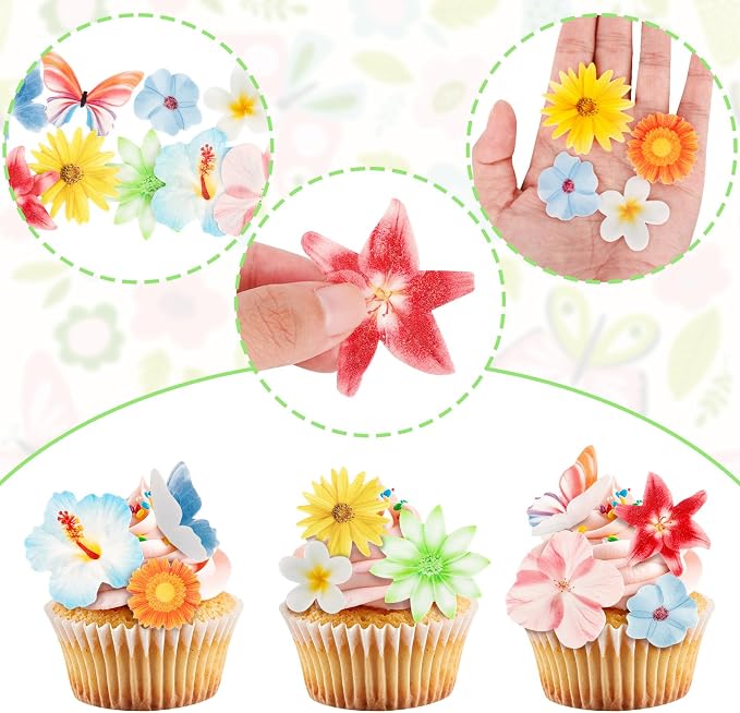 60PCS Edible Flowers and Butterfly Cake Decorations Edible Butterfly and Flowers Cake Topper Cupcake Toppers for Wedding Spring Tea Party Flower & Butterflies Themed Birthday Baby Shower