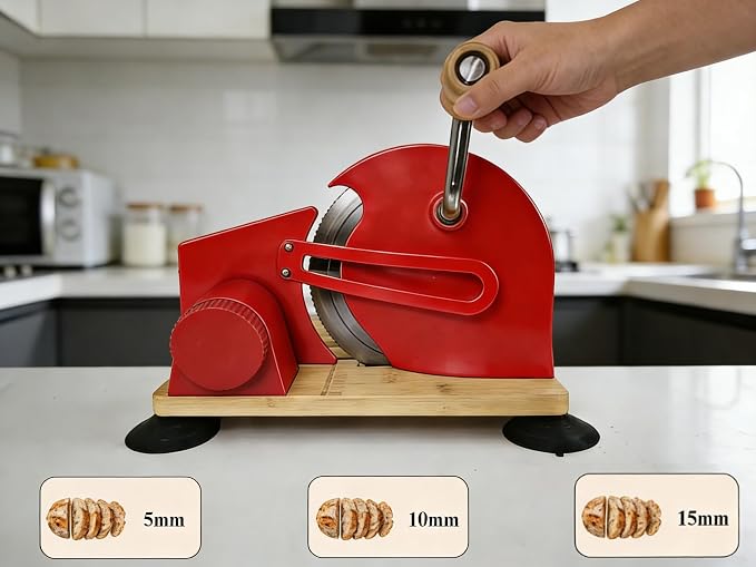 Sourdough Bread Slicer Machine Adjustable Thickness Stainless Steel Blade Bread Sourdough Cutter with 6 Large Suction Cups Foldable Compact Design Non-Slip Base for Homemade Bread Slicing (Red)