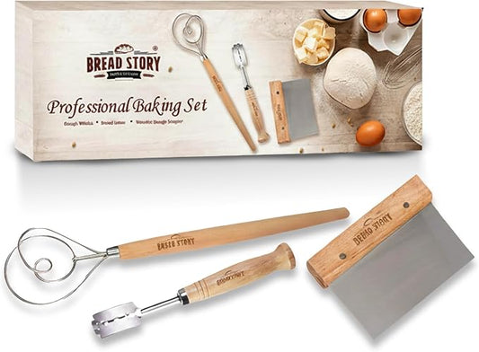 Danish Dough Whisk Set – Wooden Scraper & Lame Scoring Tool | Sourdough Whisk & Mixing Tool Kit | Bread Utensils for Homemade Bread, Pizza, Pastry | Stainless Steel & Wood