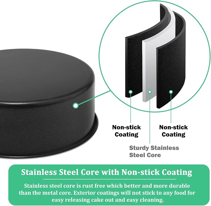 P&P CHEF 6 Inch Cake Pan, Nonstick Round Baking Layer Cake Pans Tins Set for Birthday Wedding, 2.94-Inch Deep Side & One-piece Design, Stainless Steel Core & Easy Clean, Black 3Pcs