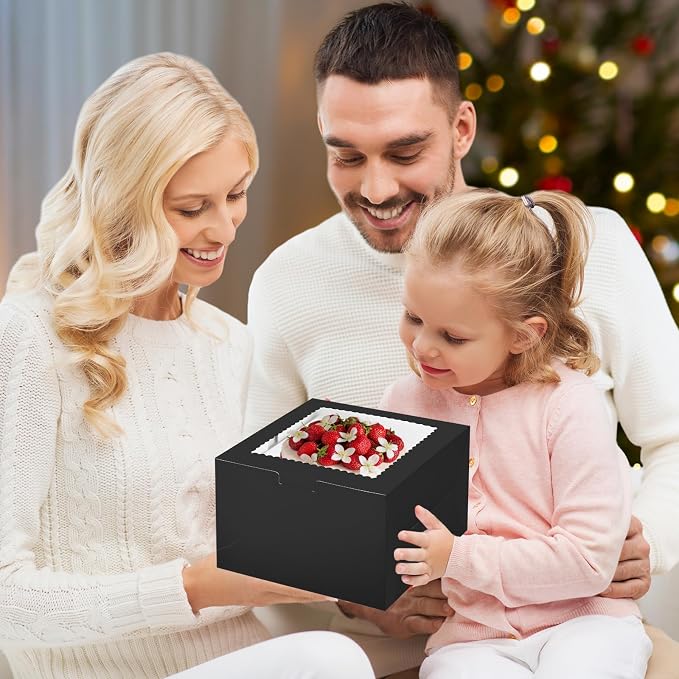KPOSIYA 40pcs 8x8x5 inches Cake Boxes with Cake Boards（20 Boxes & 20 Boards）, Black 8 inch Cake Boxes with Window,Cajas Pasteles Square Cardboard Cake Containers for Christmas Thanksgiving