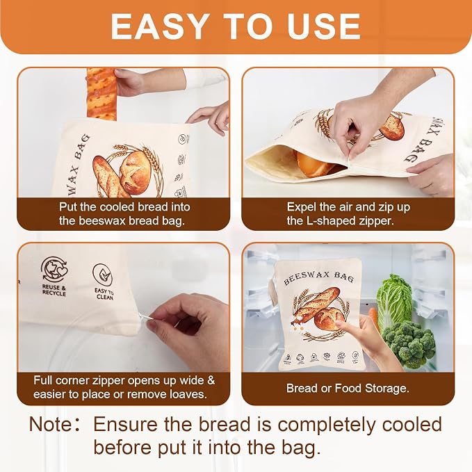 2 Pack Reusable Beeswax Bread Bags for Sourdough, Cotton Bread Bag with Wide Zipper Opening & Handle, XL Bread Bags for Homemade Bread, Keeps Bread Fresh Longer