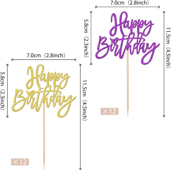 24 PCS Happy Birthday Cupcake Toppers Glitter Happy Birthday Cupcake Picks for Celebrating Anniversary Theme Party Cake Decorations Supplies Gold Purple