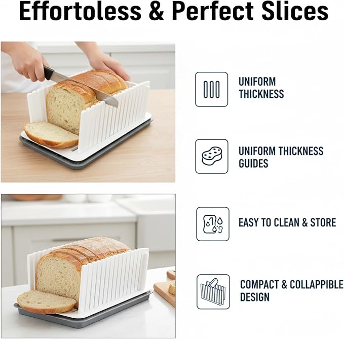 New Upgrade Bread Slicer for Homemade Bread, Bread Slicing Guide Adjustable Width, Foldable and Compact Cutting Guide with Crumb Tray, Suitability for Homemade Bread, Bagels, Cakes