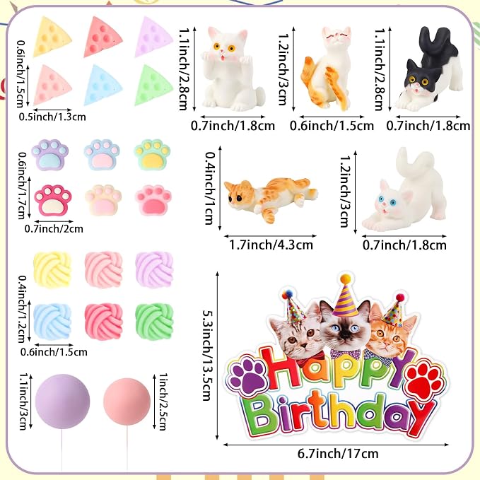 Hooqict 34Pcs Cat Cake Decorations Set with Mini Cats Figurines Cute Paw Balls Cake Toppers & Cupcake Toppers for Kids Pet Cat Themed Birthday Party Decorations Supplies