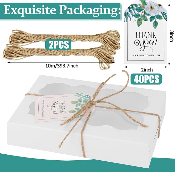40 Pack Cookie Boxes with Clear Window, 7 x 4 3/8 x 1½ Inch Small White Kraft Candy Boxes Premium Pastry Boxes with Tags Ropes for Cookie Packaging, Dessert, Donuts, Pie, Cupcakes, Parties