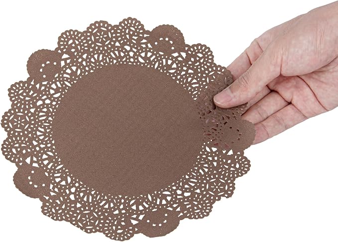 Restaurantware-Pastry Tek 8 x 8 Inch Paper Lace Doilies, 100 Round Disposable Table Doilies - Elegant Lace Finish, Long Lasting, Brown Paper Lace Doilies, for Pastries, Cupcakes, Desserts
