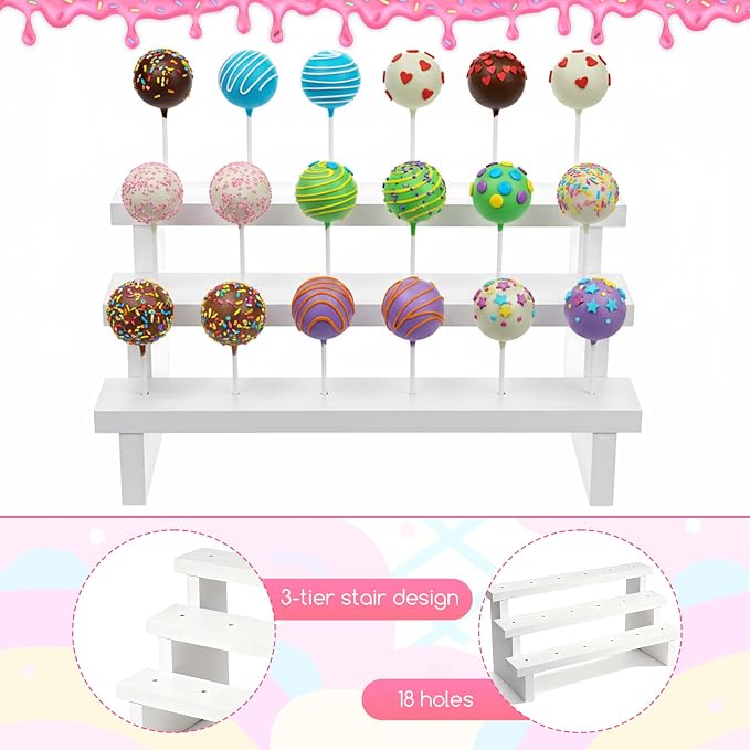 2Pcs Wood Cake Pop Stand 3 Tier Wood Lollipop Holder 17 Hole Sucker Display Riser with Lollipop Sticks & Gold Twist Ties for Dessert Table of Wedding Baby Shower Birthday Party