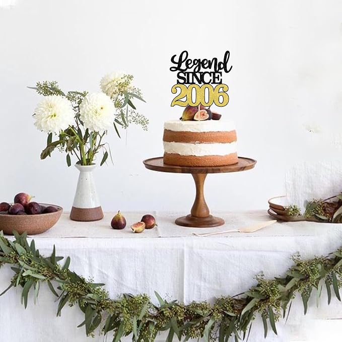 1 PCS Legend Since 2006 Cake Topper Black Gold Glitter Twenty Happy 20th Birthday Cake Pick Hello 20 Cheers to 20 Years Cake Decoration for 20th Birthday Anniversary Party Decorations Supplies