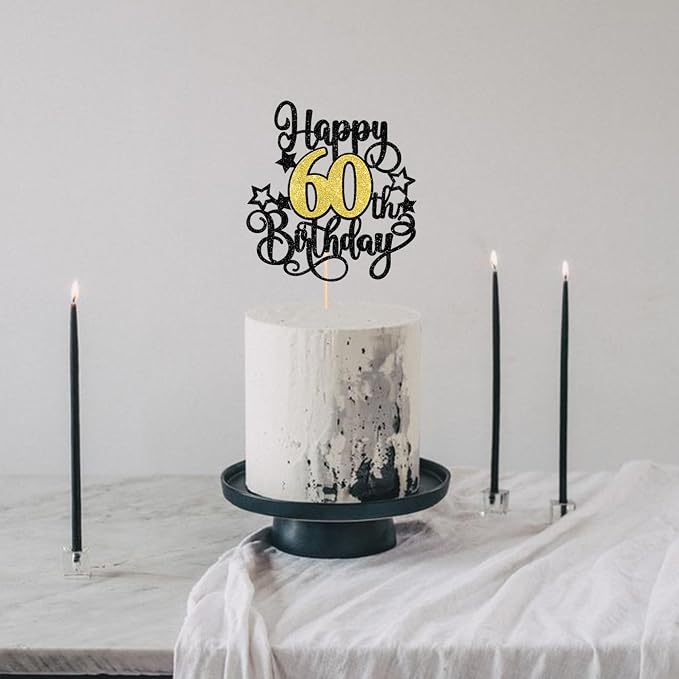 1 PCS Happy 60th Birthday Cake Topper Black Gold Glitter Cheers to 60 Years Birthday Cake Pick Hello 60 Fabulous Cake Decoration for Happy 60th Birthday Anniversary Party Decorations Supplies