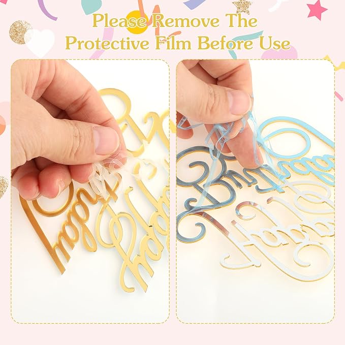 Lusofie 6 PCS Gold Happy Birthday Cake Toppers Mirror Side Cake Toppers | DIY Acrylic Glitter Cake Inserts ，Birthday Party Event Side Cupcake Cake Decorations，Happy Birthday Side Cake Topp