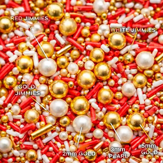 Confect Red, White & GRed White Gold Sprinkle Mix – Bake Stable Non Bleeding Edible Pearls & Metallic Dragees for Cake Decorating, Cupcakes, Cookies & Desserts (4.2 oz)