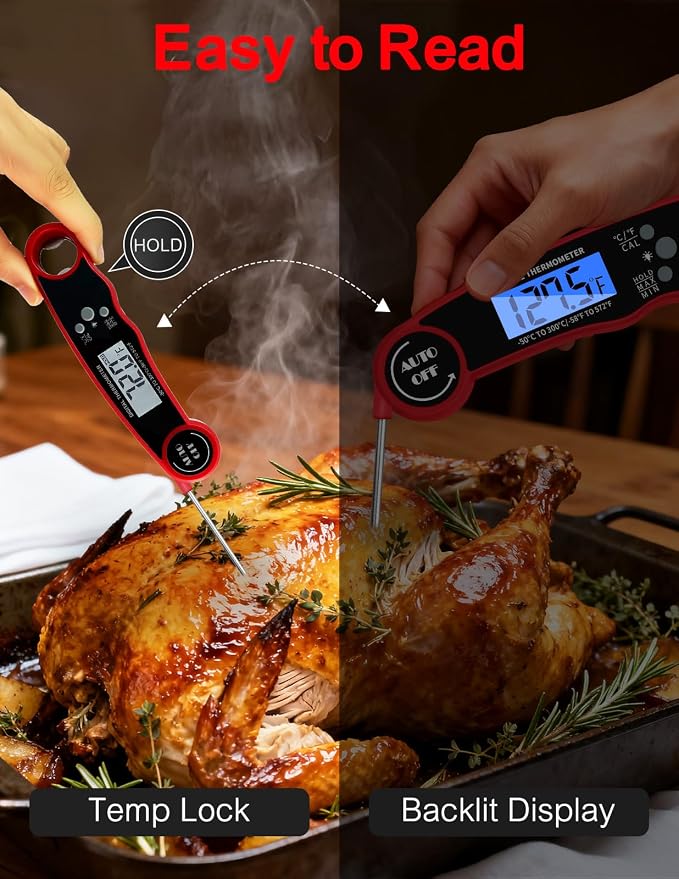 Meat Thermometer Digital, Instant Read Food Thermometer for Cooking Grill BBQ Fryer, Waterproof & Backlit Display Digital Meat Thermometer - Kitchen Gadgets, Turkey Thermometer