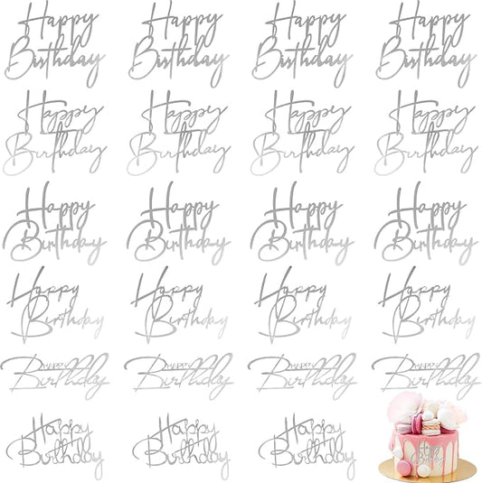 Barydat 24 Pieces Silver Happy Birthday Cake Toppers Mirror Acrylic Cupcake Topper Happy Birthday Sign for Cake Side Cupcake Decorations, 6 Styles