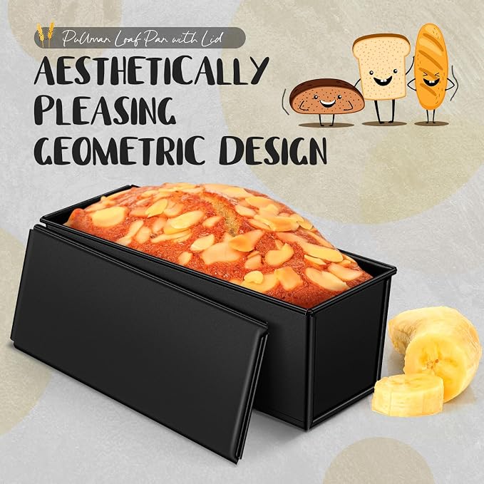 2 Pack 2 lb 13 x 4 Inch Pullman Loaf Pan with Lid Dough Capacity Bread Loaf Pan with Cover, Nonstick and Quick Release Coating for Home Bakeware Bread Toast Oven Baking(Black)